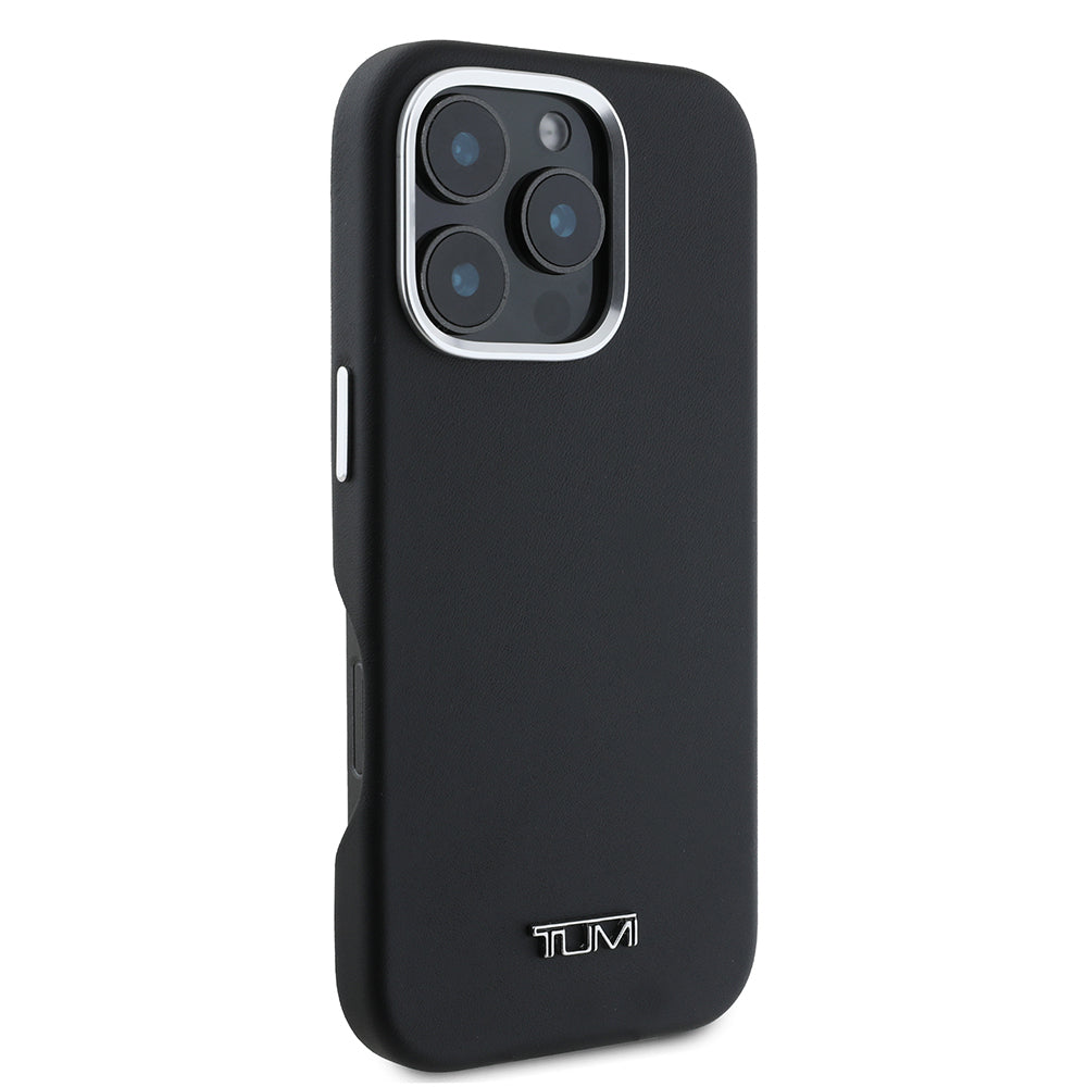 Apple iPhone 16 Pro Max Kılıf TUMI Orjinal Lisanslı M-safe Şarj Özellikli Metal Yazı Logolu PU Deri Kapak Siyah