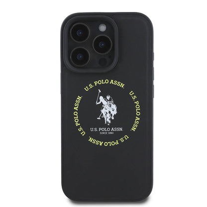 Apple iPhone 16 Pro Max Kılıf U.S. Polo Assn. Orjinal Lisanslı M-safe Şarj Özellikli Circle ve Double Horse Logolu Deri Kapak Siyah