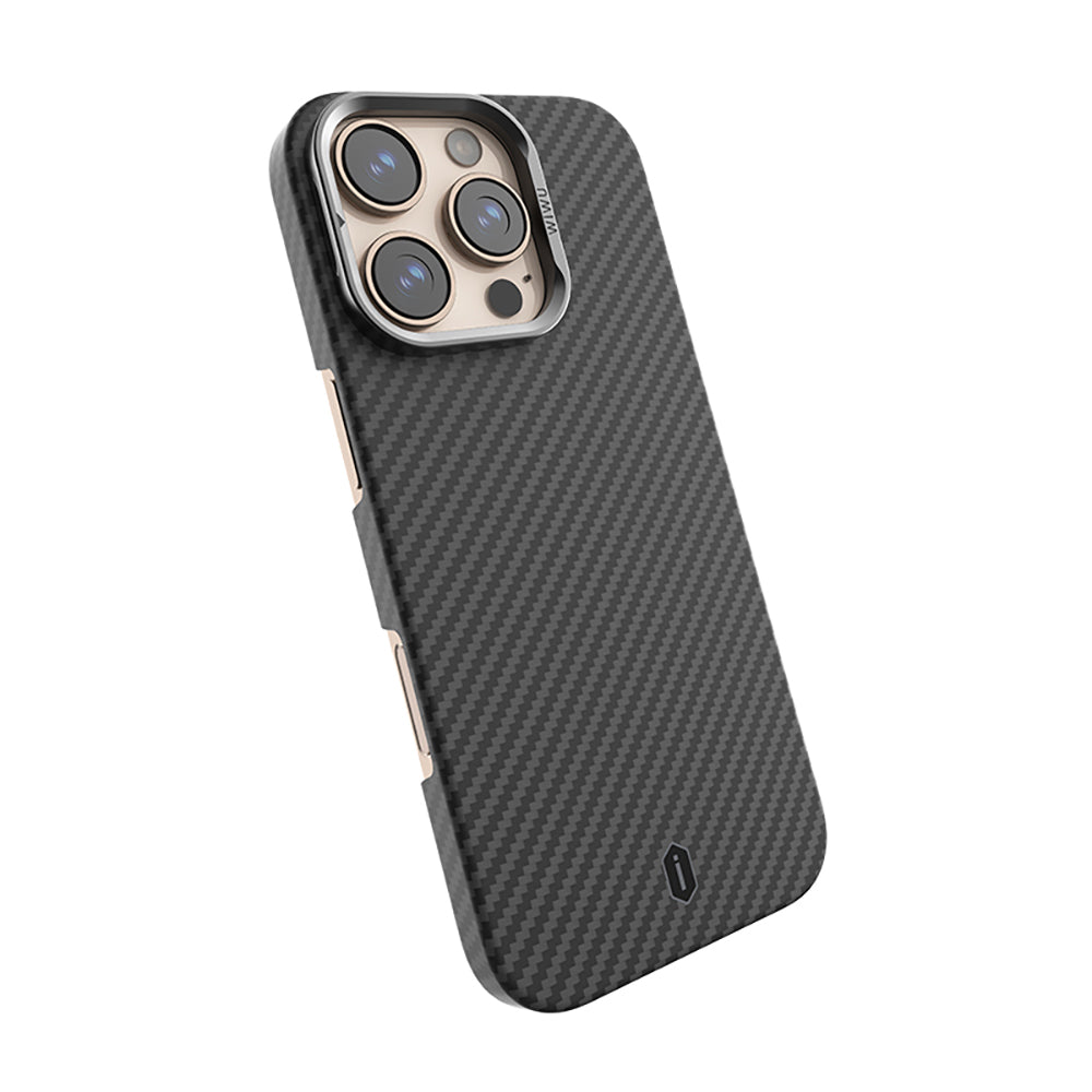 Apple iPhone 16 Pro Max Case Wiwu DCC-206 M-safe Charging Feature Camera Stand Aramid Fiber Design Kevlar Cover Black 