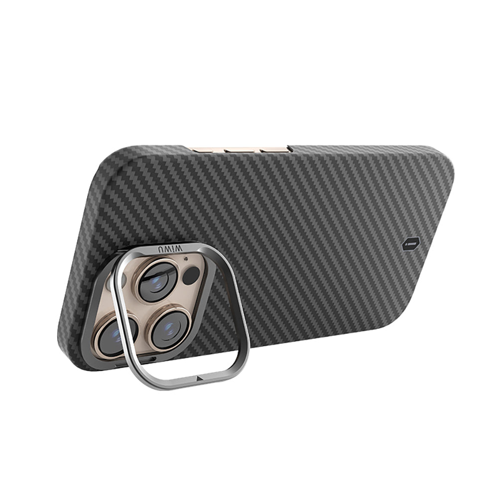 Apple iPhone 16 Pro Max Case Wiwu DCC-206 M-safe Charging Feature Camera Stand Aramid Fiber Design Kevlar Cover Black 