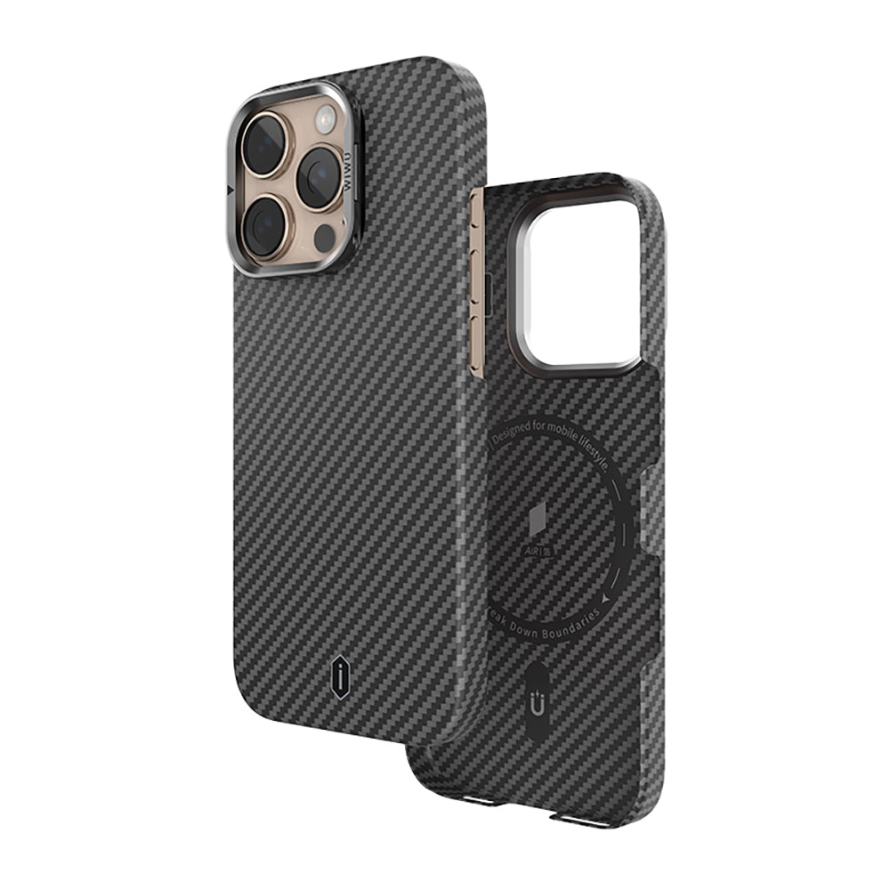 Apple iPhone 16 Pro Max Case Wiwu DCC-206 M-safe Charging Feature Camera Stand Aramid Fiber Design Kevlar Cover Black 