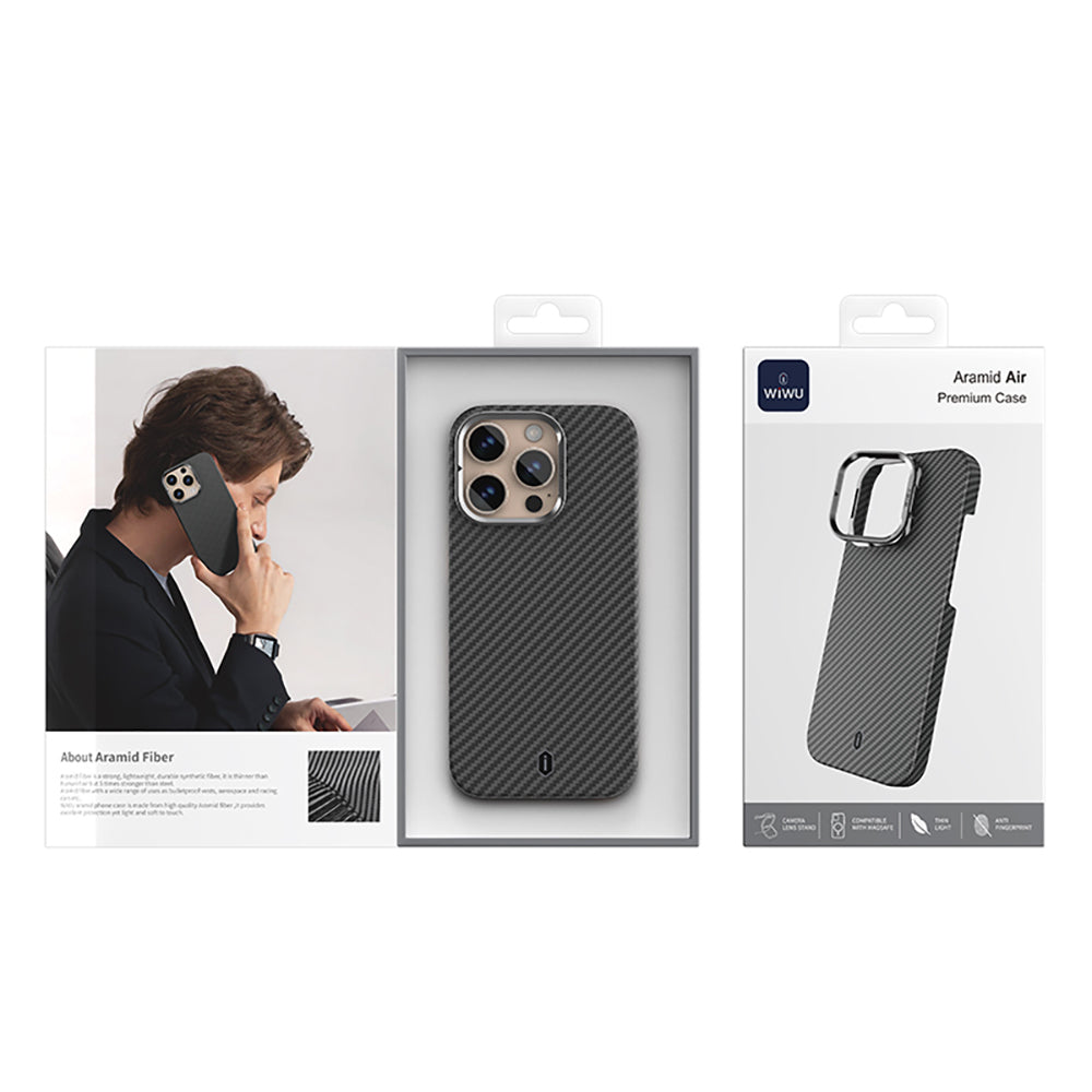 Apple iPhone 16 Pro Max Case Wiwu DCC-206 M-safe Charging Feature Camera Stand Aramid Fiber Design Kevlar Cover Black 