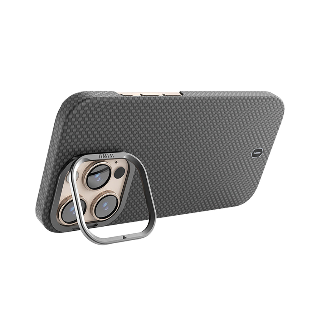 Apple iPhone 16 Pro Max Case Wiwu DCC-208 M-safe Charging Feature Camera Stand Aramid Fiber Design Kevlar Cover Gold 