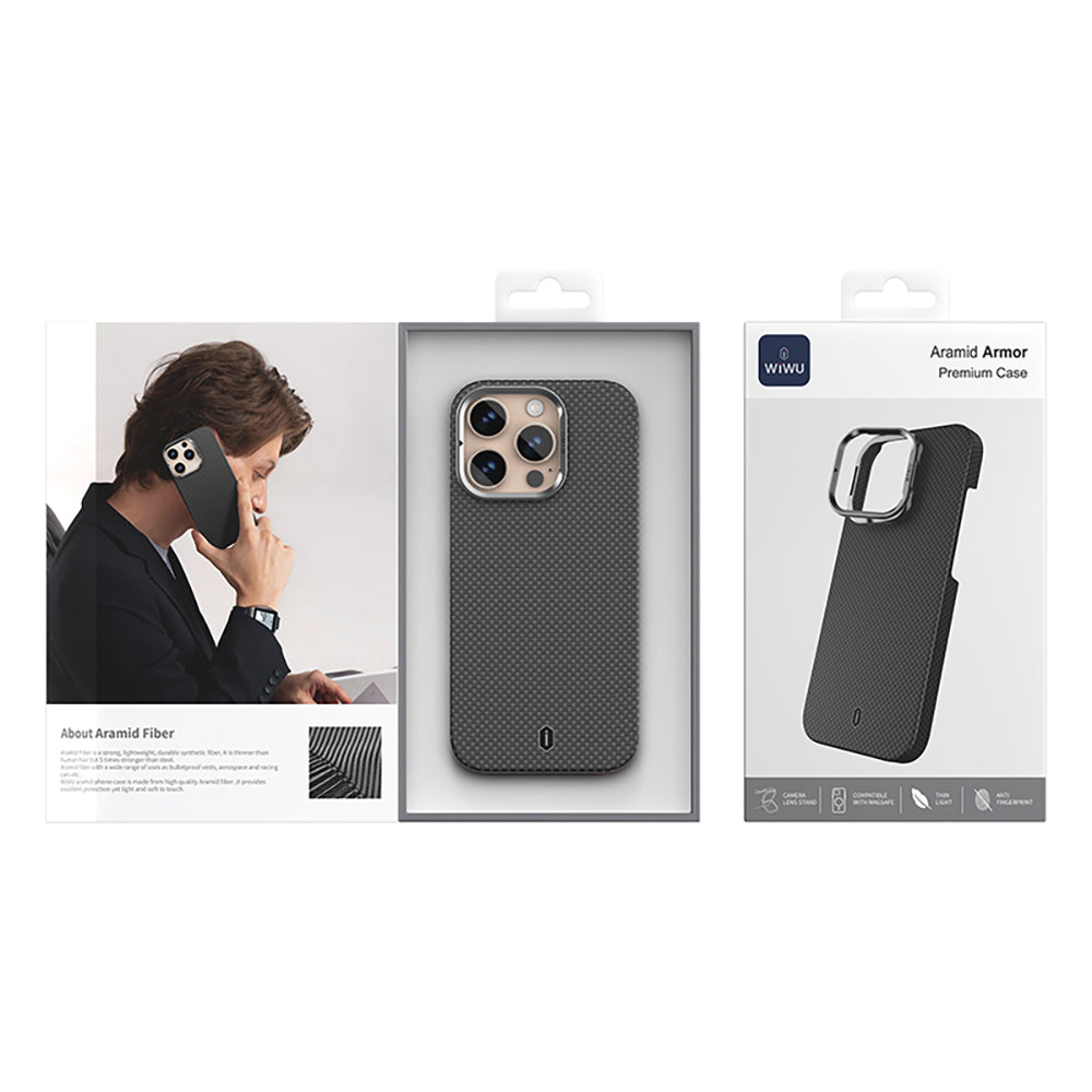 Apple iPhone 16 Pro Max Case Wiwu DCC-208 M-safe Charging Feature Camera Stand Aramid Fiber Design Kevlar Cover Black 