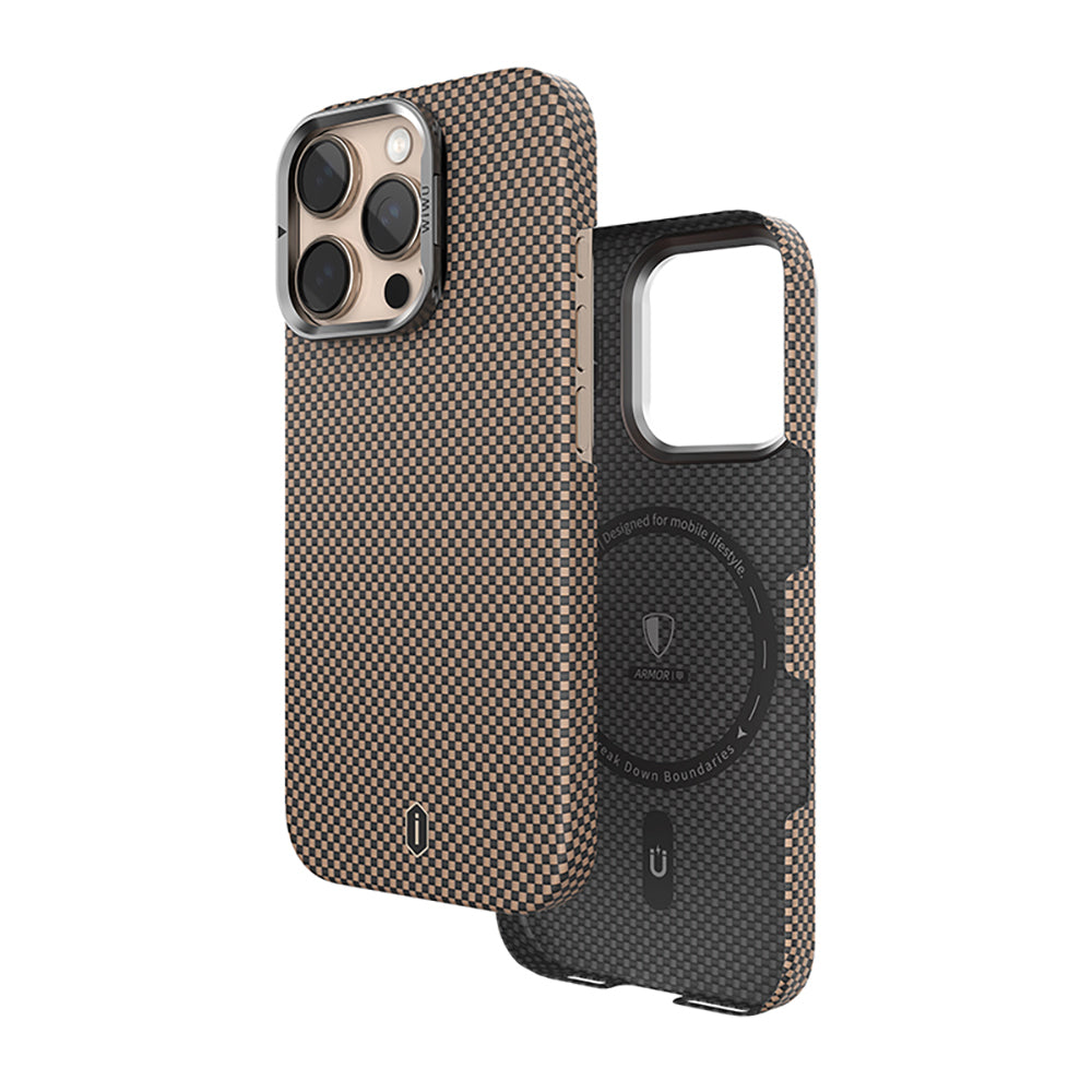 Apple iPhone 16 Pro Max Case Wiwu DCC-208 M-safe Charging Feature Camera Stand Aramid Fiber Design Kevlar Cover Gold 