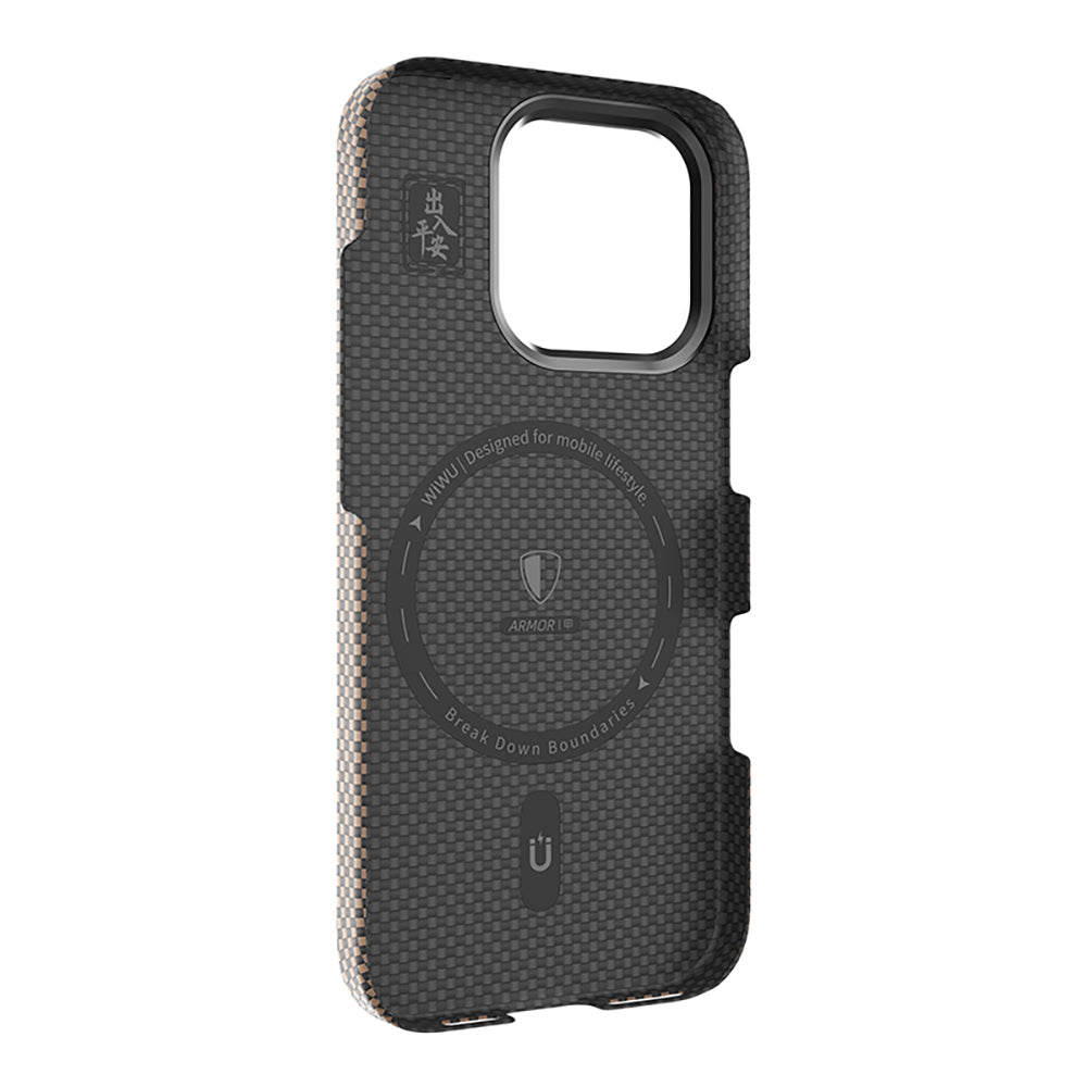Apple iPhone 16 Pro Max Case Wiwu DCC-208 M-safe Charging Feature Camera Stand Aramid Fiber Design Kevlar Cover Gold 