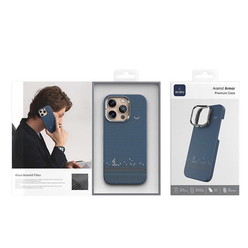 Apple iPhone 16 Pro Max Case Wiwu DCC-209 M-safe Charging Feature Camera Stand Aramid Fiber Design Kevlar Cover Blue 
