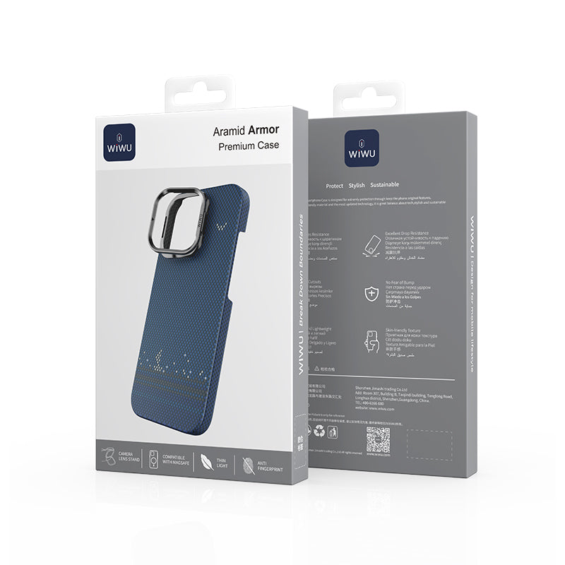 Apple iPhone 16 Pro Max Case Wiwu DCC-209 M-safe Charging Feature Camera Stand Aramid Fiber Design Kevlar Cover Blue 