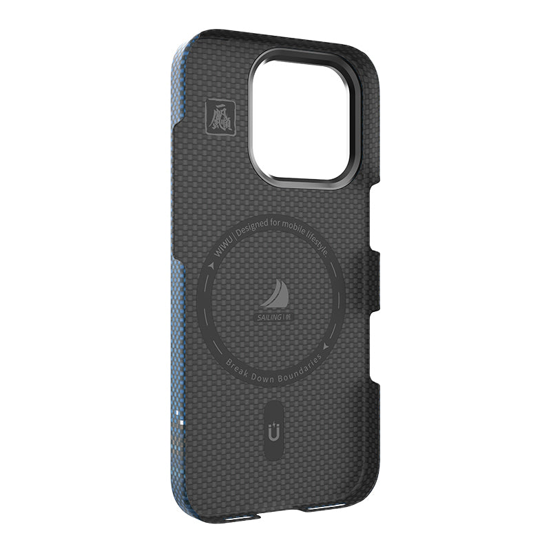 Apple iPhone 16 Pro Max Case Wiwu DCC-209 M-safe Charging Feature Camera Stand Aramid Fiber Design Kevlar Cover Blue 