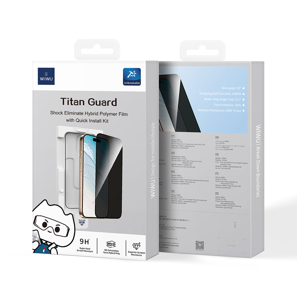 Apple iPhone 16 Pro Max Wiwu GT-021 Titan Guard Series Shock Absorbing Hybrid Polymer Privacy Screen Protector Film + Easy Application Tool Black 