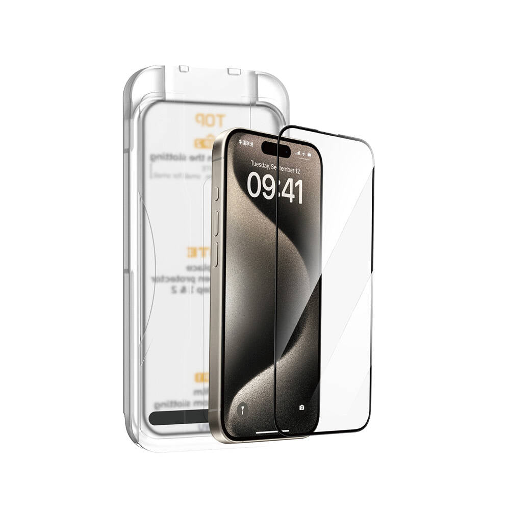Apple iPhone 16 Pro Wiwu SQ-008 Oleophobic Easy Install Impact Resistant Tempered Glass Screen Protector + Easy Application Tool Black 