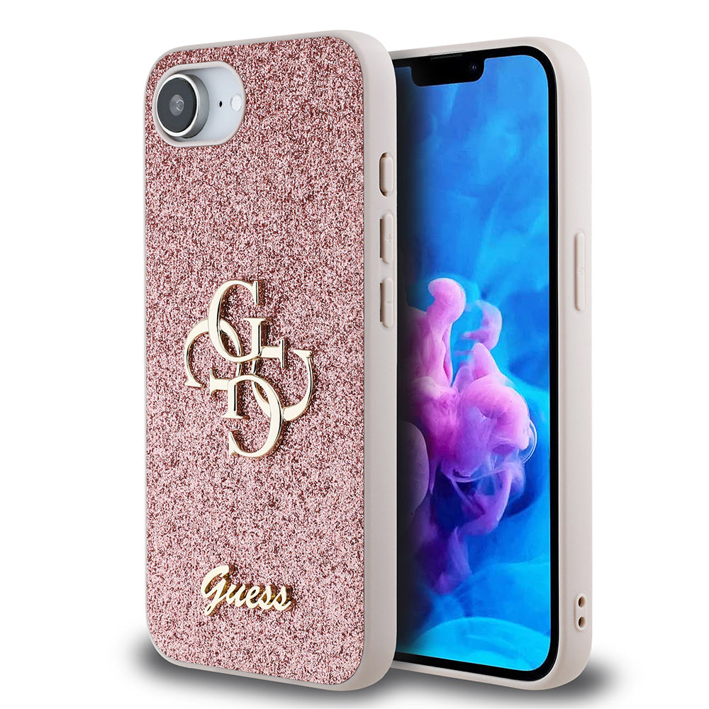 Apple iPhone 16E Kılıf Guess Orjinal Lisanslı 4G Büyük Metal Logolu Glitter Kapak Pembe