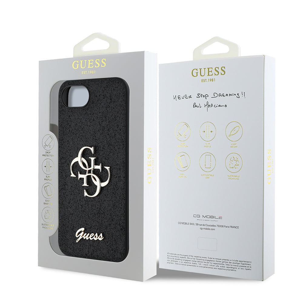 Apple iPhone 16E Kılıf Guess Orjinal Lisanslı 4G Büyük Metal Logolu Glitter Kapak Siyah
