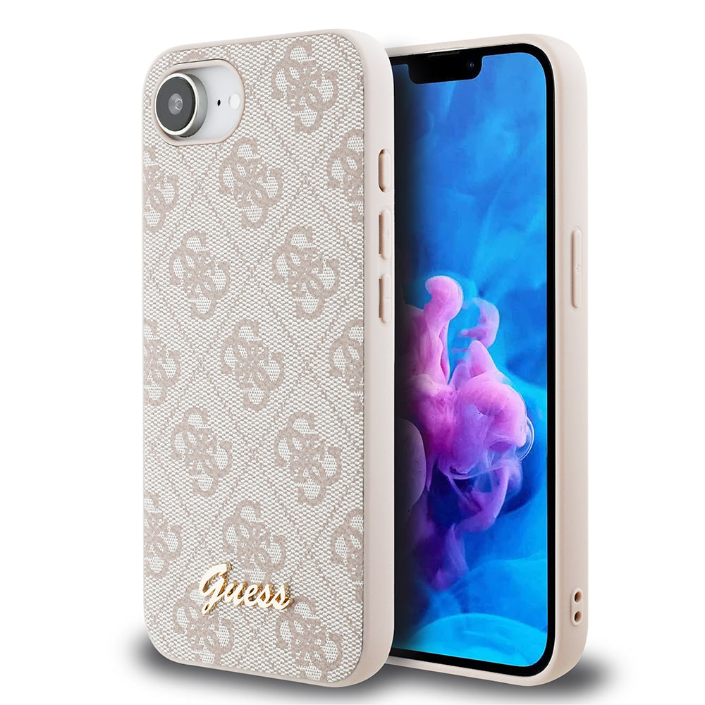 Apple iPhone 16E Kılıf Guess Orjinal Lisanslı 4G Desenli Script Metal Logolu Kapak Pembe