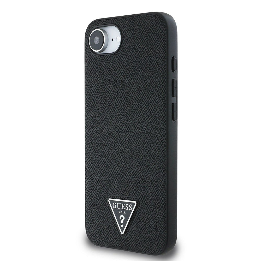 Apple iPhone 16E Kılıf Guess Orjinal Lisanslı M-safe Şarj Özellikli Grained Triangle Kapak Siyah