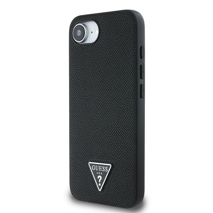 Apple iPhone 16E Kılıf Guess Orjinal Lisanslı M-safe Şarj Özellikli Grained Triangle Kapak Siyah