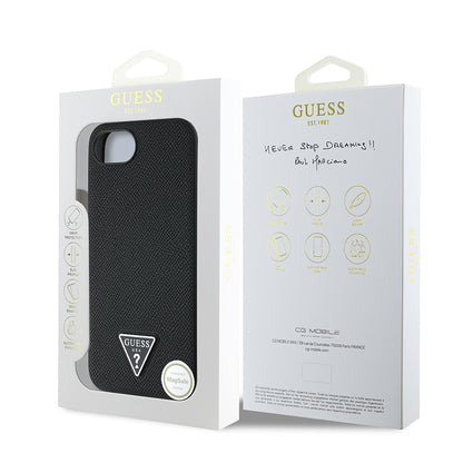 Apple iPhone 16E Kılıf Guess Orjinal Lisanslı M-safe Şarj Özellikli Grained Triangle Kapak Siyah