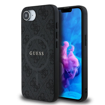 Apple iPhone 16E Kılıf Guess Orjinal Lisanslı M-safe Şarj Özellikli PU Halkalı 4G Desenli Yazı Logolu Kapak Siyah