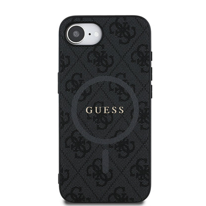 Apple iPhone 16E Kılıf Guess Orjinal Lisanslı M-safe Şarj Özellikli PU Halkalı 4G Desenli Yazı Logolu Kapak Kahverengi