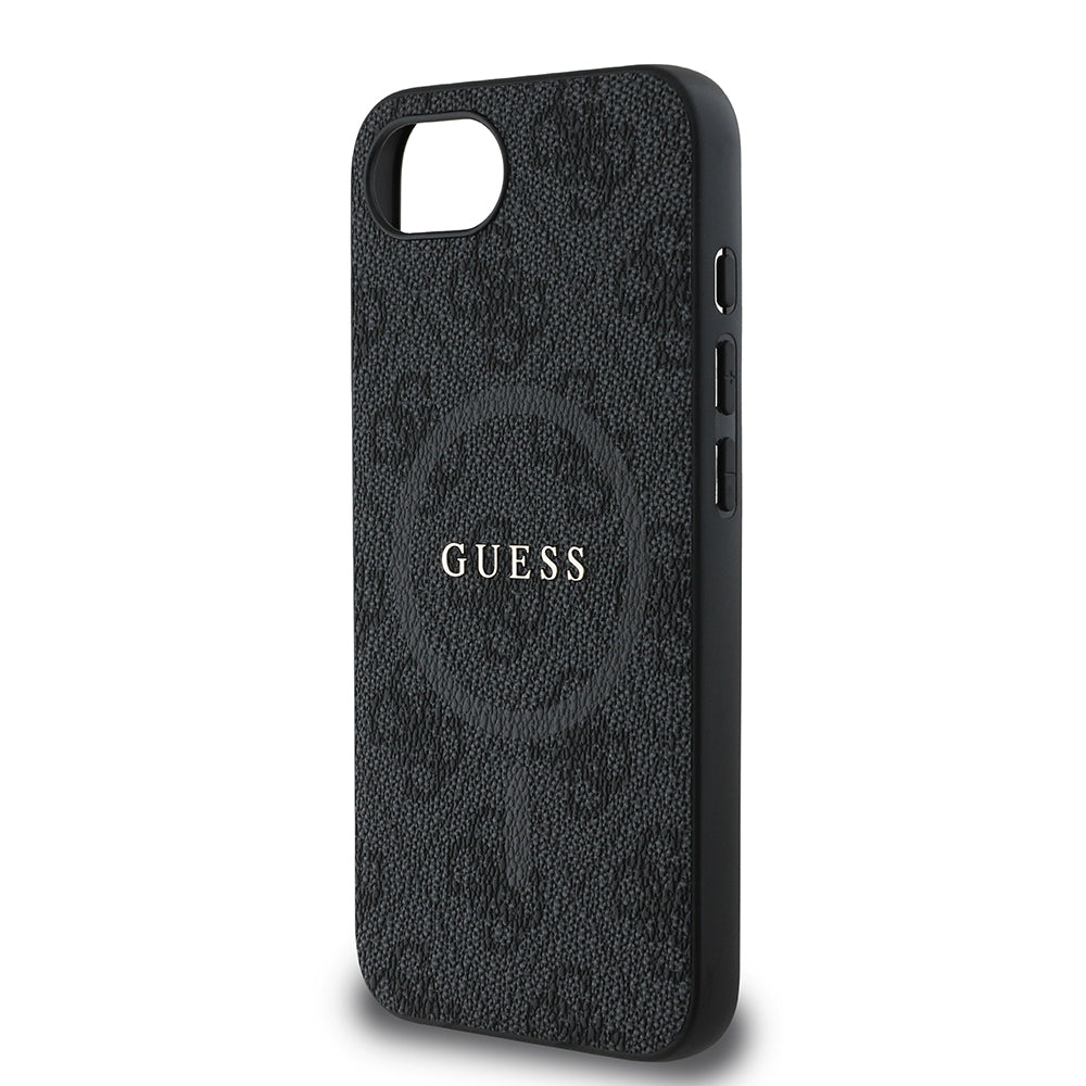 Apple iPhone 16E Kılıf Guess Orjinal Lisanslı M-safe Şarj Özellikli PU Halkalı 4G Desenli Yazı Logolu Kapak Siyah