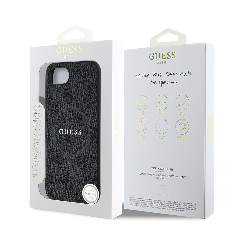 Apple iPhone 16E Kılıf Guess Orjinal Lisanslı M-safe Şarj Özellikli PU Halkalı 4G Desenli Yazı Logolu Kapak Siyah
