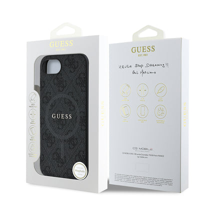 Apple iPhone 16E Kılıf Guess Orjinal Lisanslı M-safe Şarj Özellikli PU Halkalı 4G Desenli Yazı Logolu Kapak Siyah