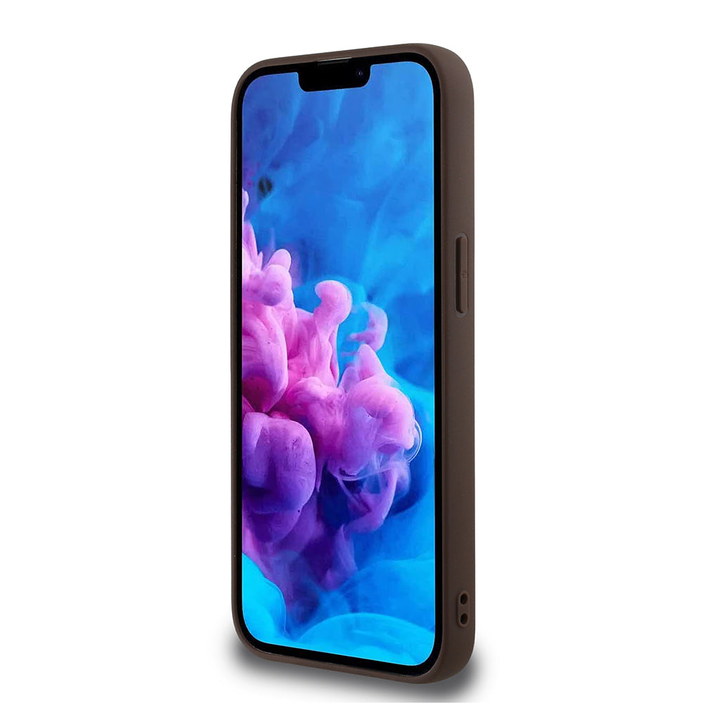 Apple iPhone 16E Kılıf Guess Orjinal Lisanslı M-safe Şarj Özellikli PU Üçgen Logo 4G Desenli Kapak Kahverengi