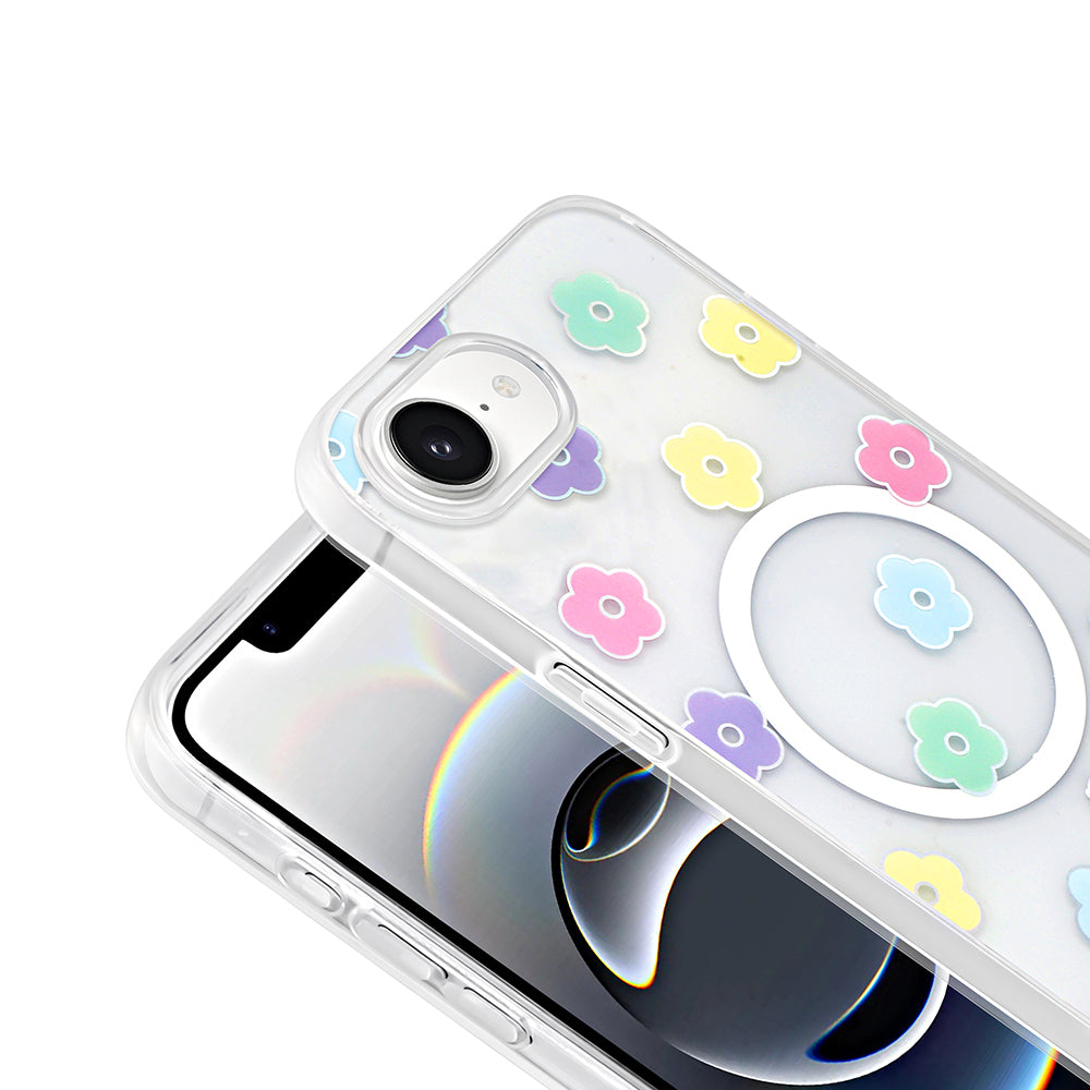 Apple iPhone 16E Case M-Safe Charging Transparent Zore Folk Hard Cover Daisy