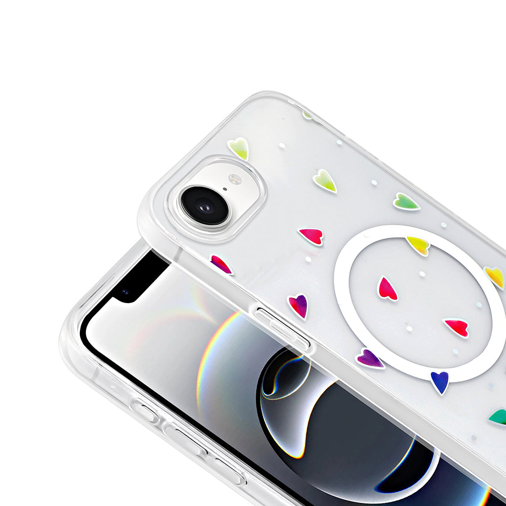 Apple iPhone 16E Case M-Safe Charging Transparent Zore Folk Hard Cover Heart