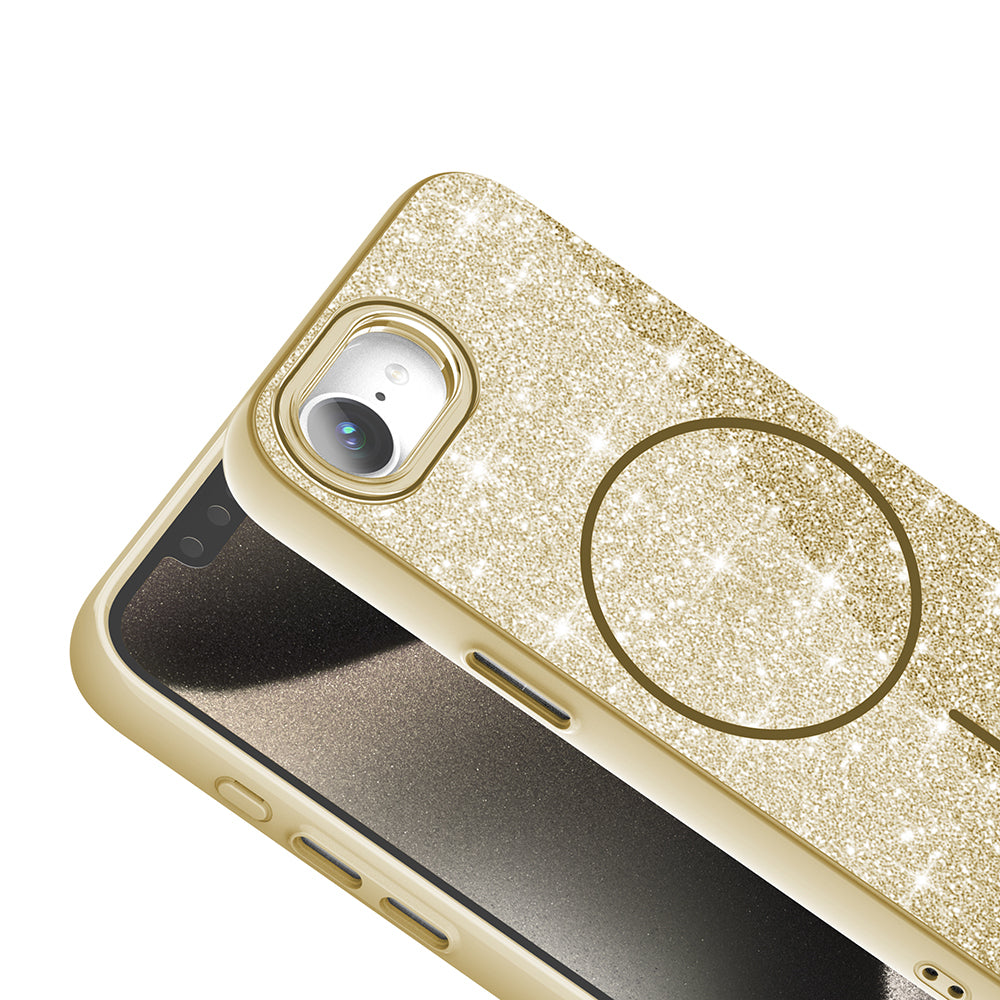 Apple iPhone 16E Kılıf M-safe Şarj Özellikli Parlayan Simli Zore Okso Kapak Gold