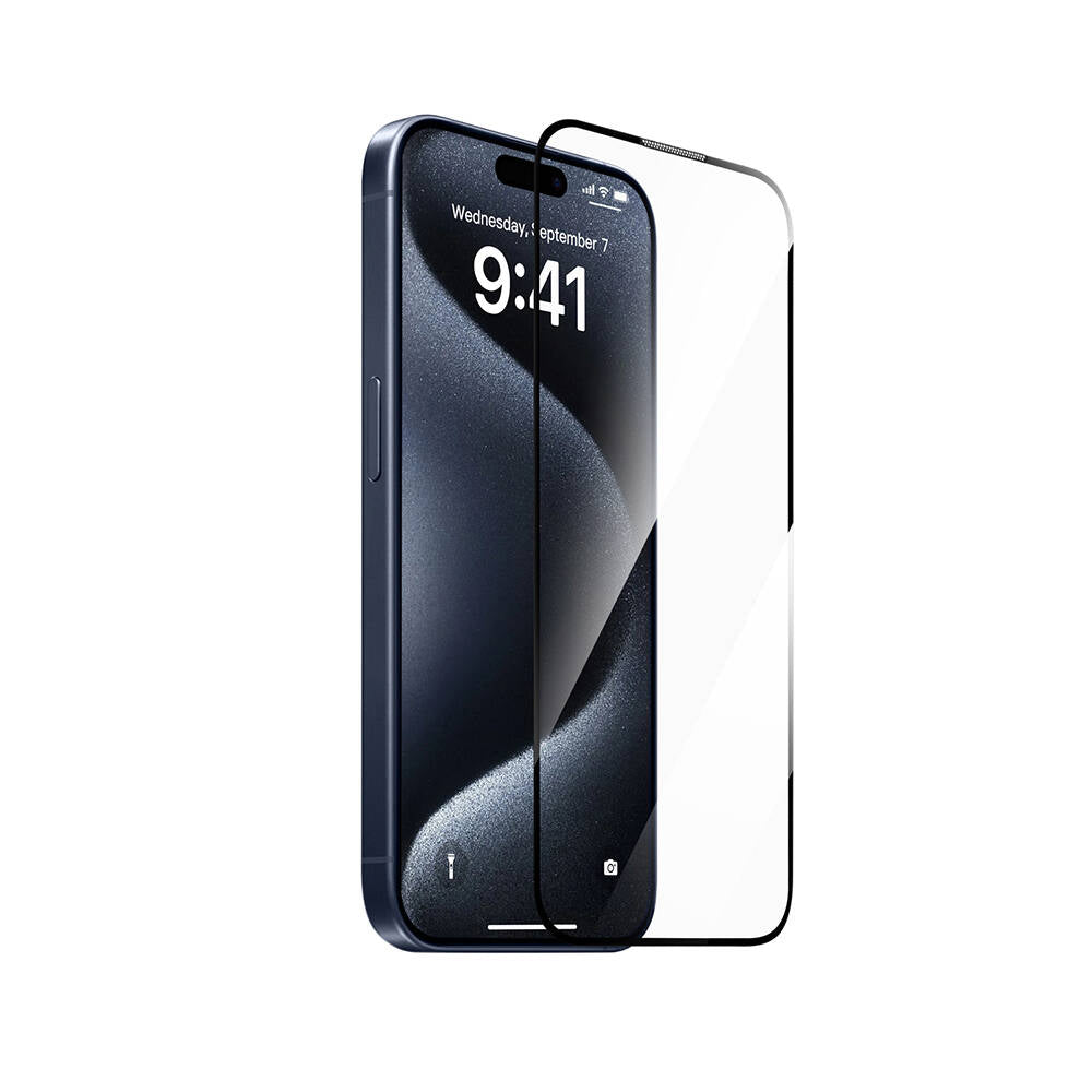 Apple iPhone 16E Wiwu SQ-008 Oleophobic Easy Install Impact Resistant Tempered Glass Screen Protector + Easy Application Tool Black