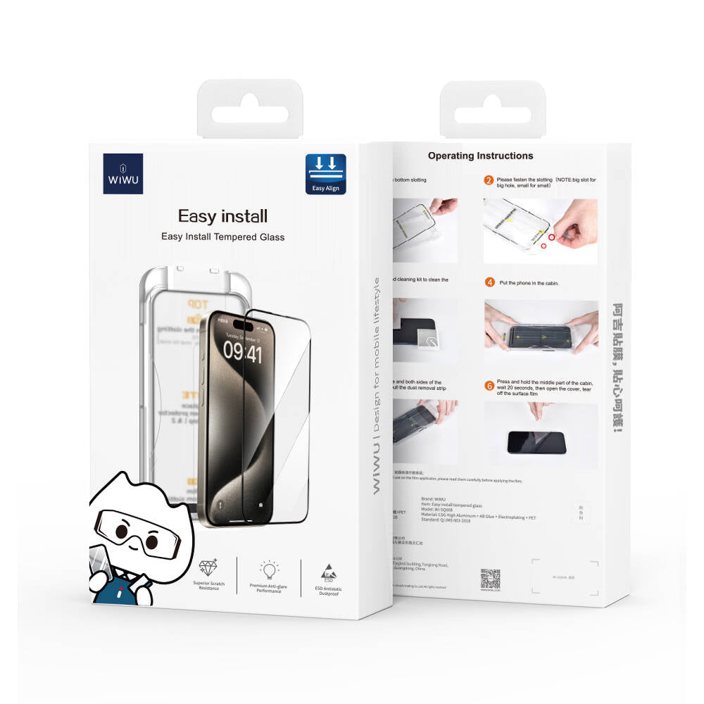 Apple iPhone 16E Wiwu SQ-008 Oleophobic Easy Install Impact Resistant Tempered Glass Screen Protector + Easy Application Tool Black