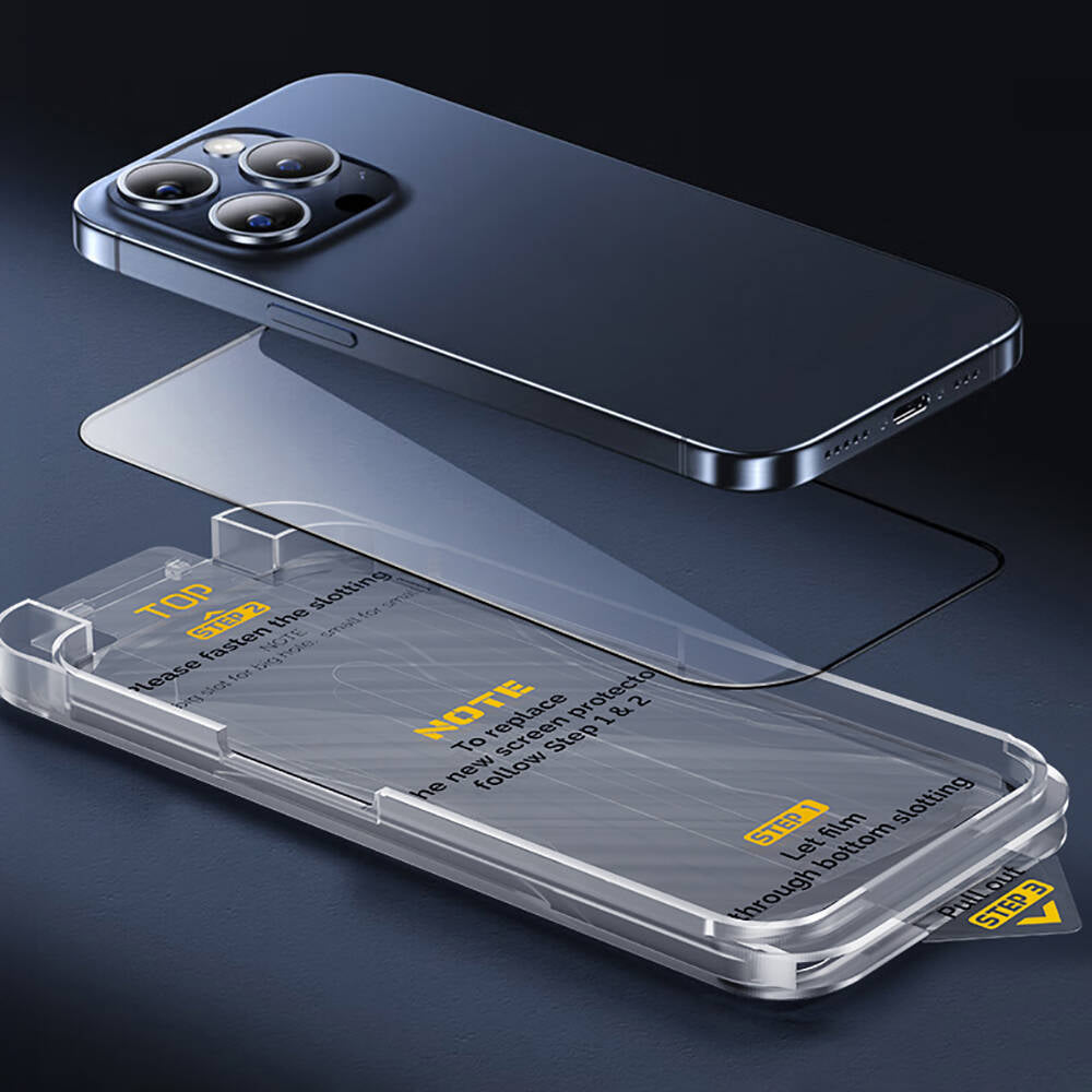 Apple iPhone 16E Wiwu SQ-008 Oleophobic Easy Install Impact Resistant Tempered Glass Screen Protector + Easy Application Tool Black