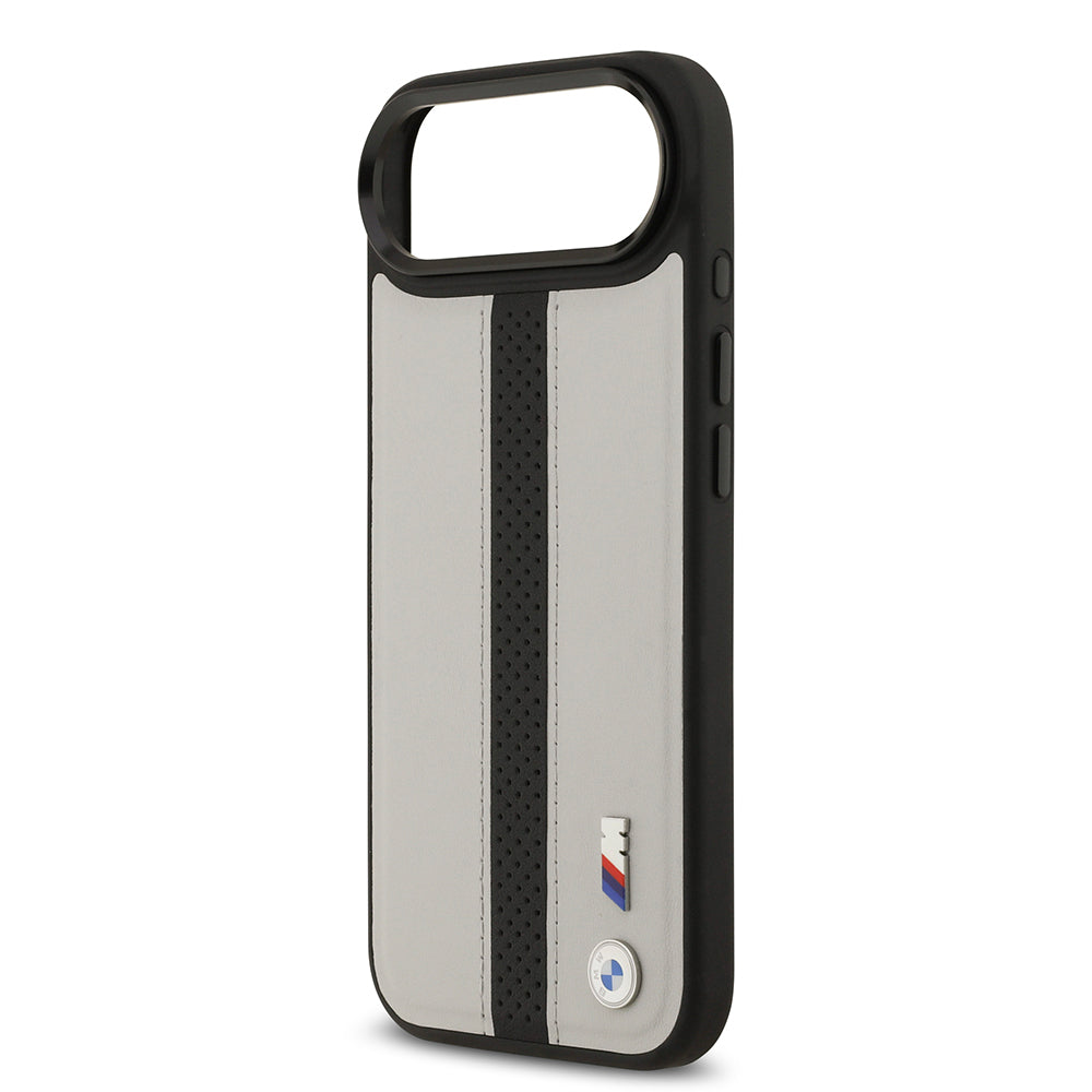 Apple iPhone 17 Air Kılıf BMW Orjinal Lisanslı M-safe Şarj Özellikli Deri Arka Yüzey Metal Logolu Delikli Şerit Tasarımlı Kapak  Gri