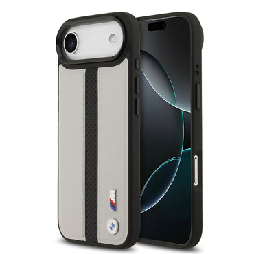 Apple iPhone 17 Air Kılıf BMW Orjinal Lisanslı M-safe Şarj Özellikli Deri Arka Yüzey Metal Logolu Delikli Şerit Tasarımlı Kapak