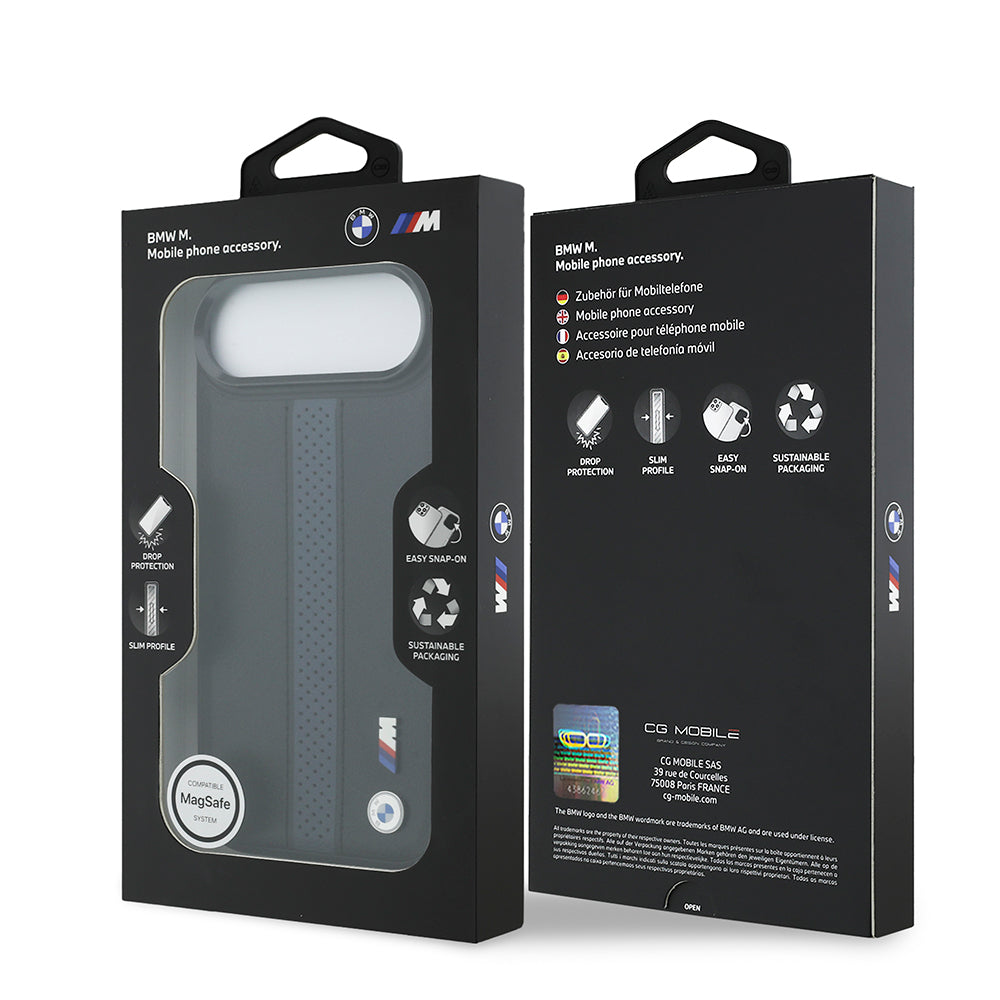 Apple iPhone 17 Air Kılıf BMW Orjinal Lisanslı M-safe Şarj Özellikli Deri Arka Yüzey Metal Logolu Delikli Şerit Tasarımlı Kapak  Mavi