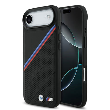 Apple iPhone 17 Air Kılıf BMW Orjinal Lisanslı M-safe Şarj Özellikli M Logolu Üç Şeritli Delikli Deri Kapak Gri