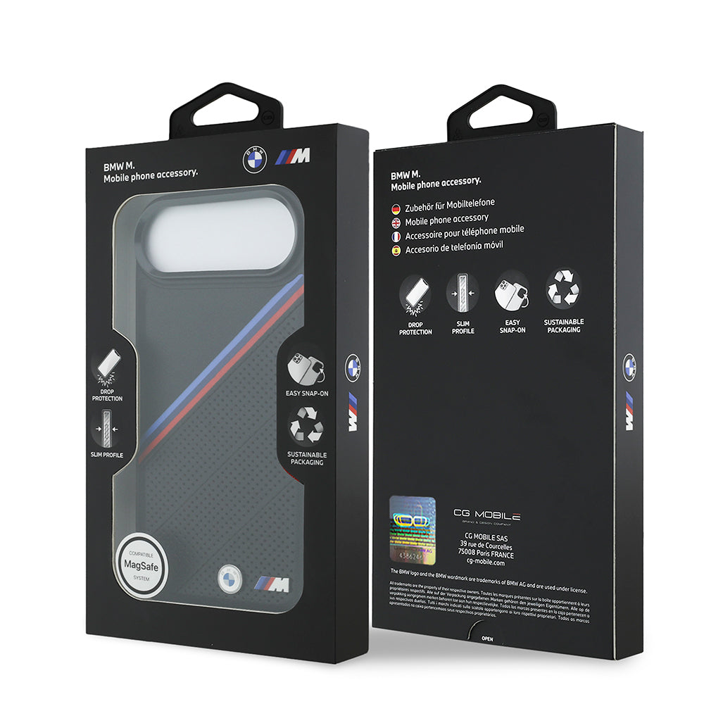 Apple iPhone 17 Air Kılıf BMW Orjinal Lisanslı M-safe Şarj Özellikli M Logolu Üç Şeritli Delikli Deri Kapak Gri