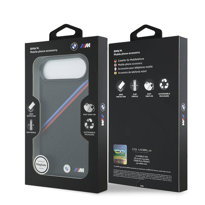 Apple iPhone 17 Air Kılıf BMW Orjinal Lisanslı M-safe Şarj Özellikli M Logolu Üç Şeritli Delikli Deri Kapak Gri