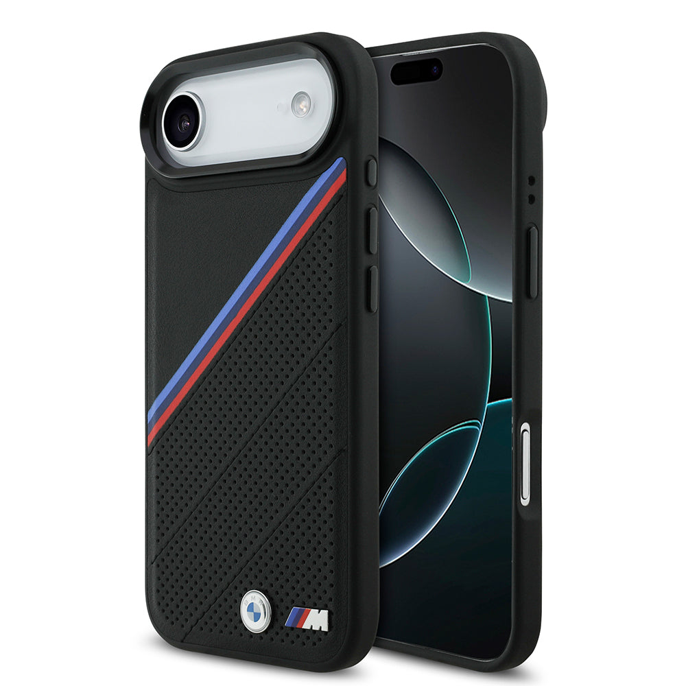 Apple iPhone 17 Air Kılıf BMW Orjinal Lisanslı M-safe Şarj Özellikli M Logolu Üç Şeritli Delikli Deri Kapak Gri