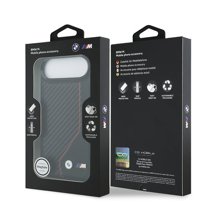 Apple iPhone 17 Air Kılıf BMW Orjinal Lisanslı M-safe Şarj Özellikli Metal BMW ve M Logolu PU Karbon Tasarımlı Kapak Kırmızı