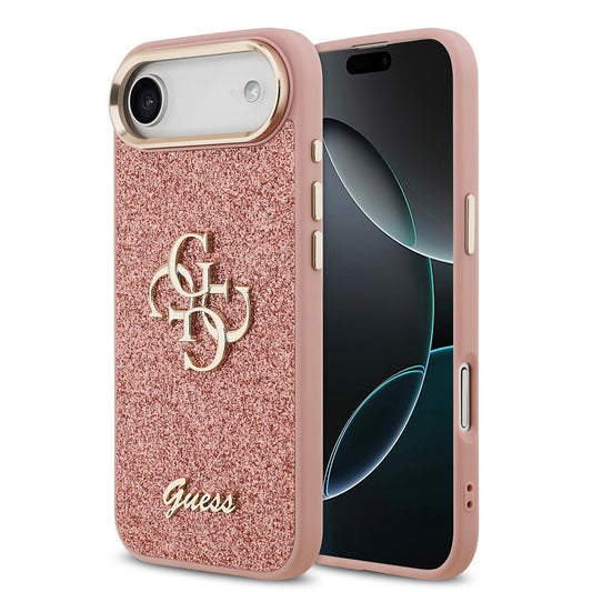Apple iPhone 17 Air Case Guess Original Licensed 4G Large Metal Camera Frame and Logo Glitter Cover Pink