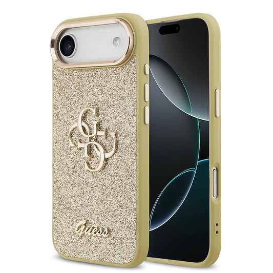 Apple iPhone 17 Air Case Guess Original Licensed 4G Large Metal Camera Frame and Logo Glitter Cover Gold