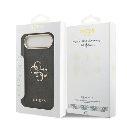 Apple iPhone 17 Air Kılıf Guess Orjinal Lisanslı Gold Metal Kamera Çerçeveli 4G Desenli Metal Büyük 4G ve Yazı Logolu Kapak Siyah