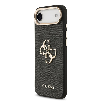 Apple iPhone 17 Air Kılıf Guess Orjinal Lisanslı Gold Metal Kamera Çerçeveli 4G Desenli Metal Büyük 4G ve Yazı Logolu Kapak Siyah