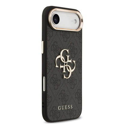 Apple iPhone 17 Air Kılıf Guess Orjinal Lisanslı Gold Metal Kamera Çerçeveli 4G Desenli Metal Büyük 4G ve Yazı Logolu Kapak Siyah