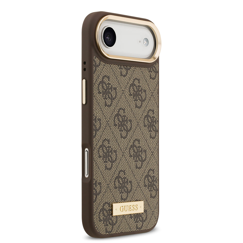 Apple iPhone 17 Air Kılıf Guess Orjinal Lisanslı M-safe Şarj Özellikli 4G Desenli PU Metal Plaka Klasik Logolu Kapak Pembe