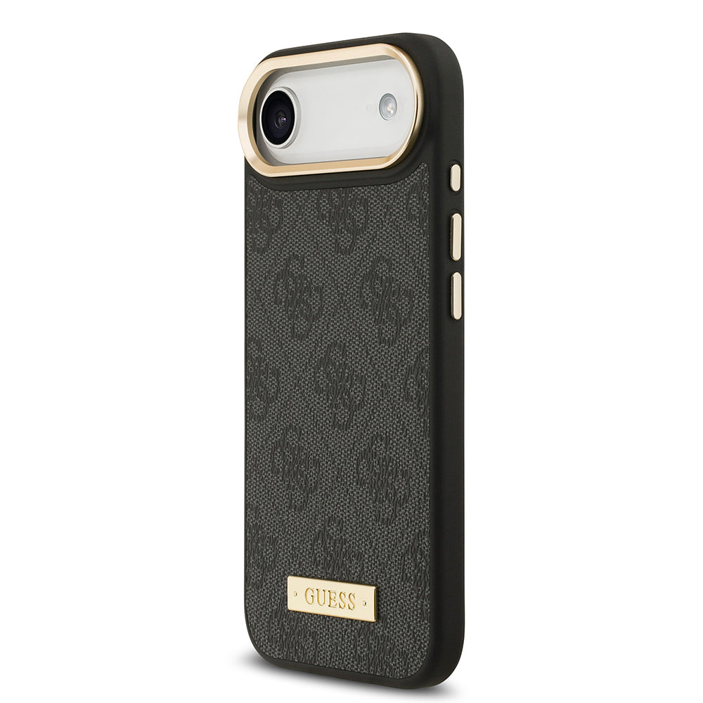 Apple iPhone 17 Air Kılıf Guess Orjinal Lisanslı M-safe Şarj Özellikli 4G Desenli PU Metal Plaka Klasik Logolu Kapak Kahverengi