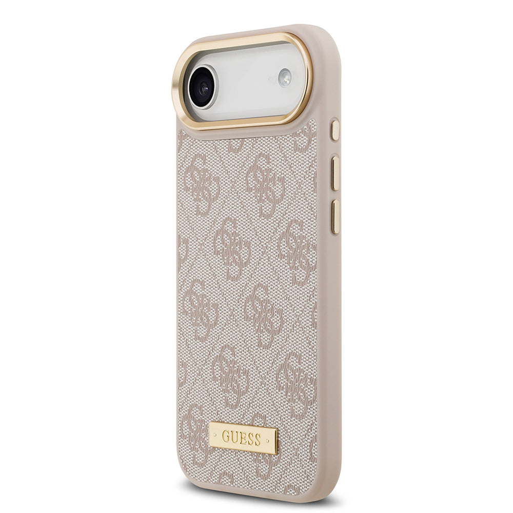 Apple iPhone 17 Air Kılıf Guess Orjinal Lisanslı M-safe Şarj Özellikli 4G Desenli PU Metal Plaka Klasik Logolu Kapak Kahverengi