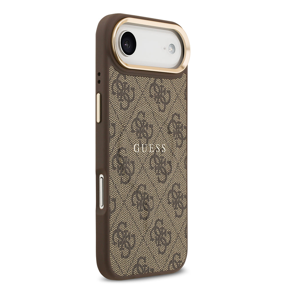 Apple iPhone 17 Air Kılıf Guess Orjinal Lisanslı M-safe Şarj Özellikli Gold Metal Kamera Çerçeveli PU Deri 4G Desenli Yazı Logolu Kapak Siyah